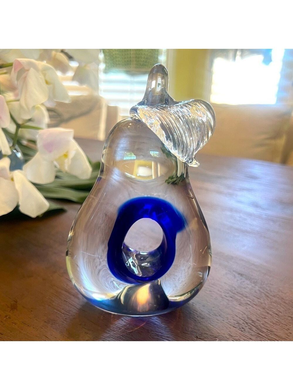 Art glass pair. Applied leaf  cobalt blue, polished base